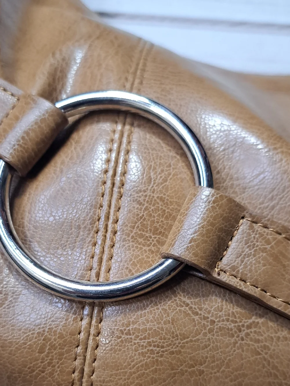 Women's Tan Hobo Shoulder Bag with Silver Ring Accents
